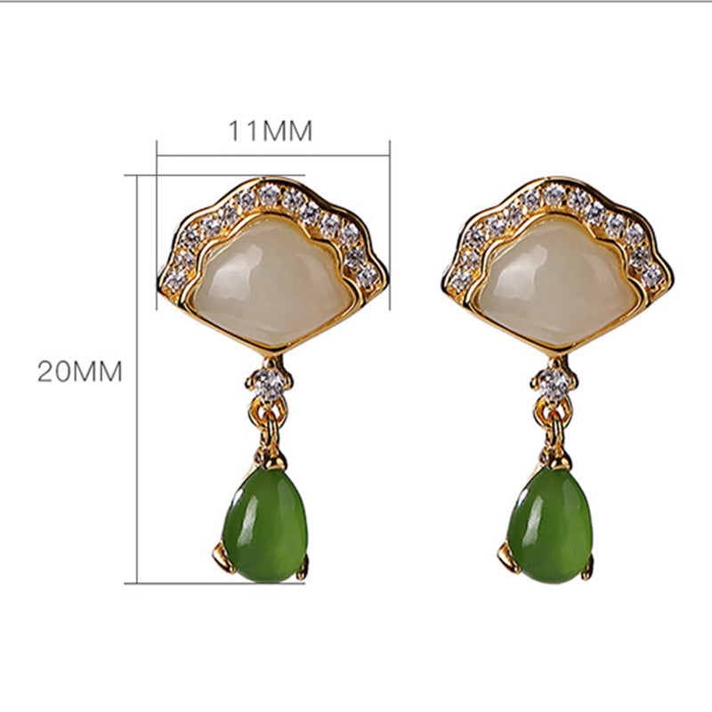 Nimara Ritual White Jade Cyan Jade Fan Water Drop Pattern Luck Drop Earrings