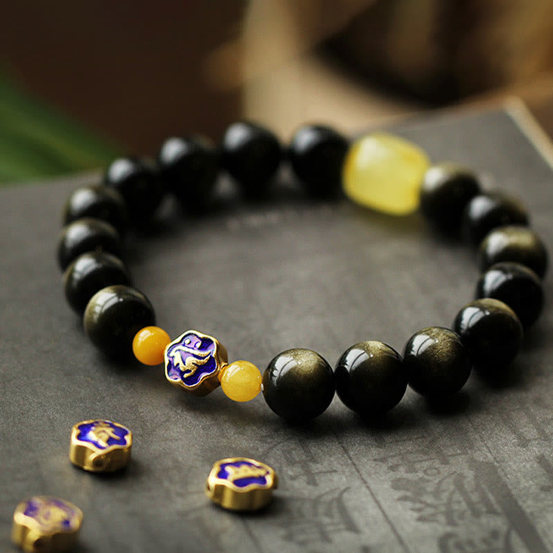 Nimara Ritual 925 Sterling Silver Chinese Zodiac Natal Buddha Natural Gold Sheen Obsidian Amber Wealth Protection Bracelet
