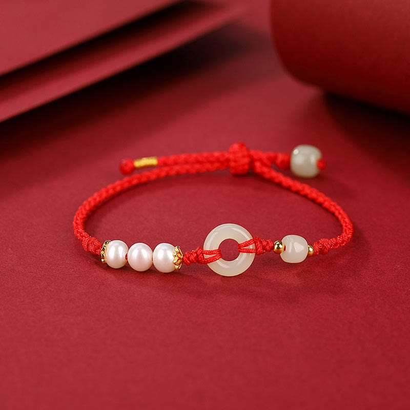Nimara Ritual 925 Sterling Silver Plated Gold Hetian Jade Peace Buckle Pearl Luck Bracelet