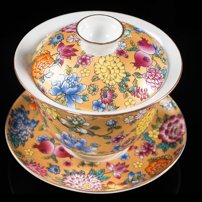 Nimara Ritual Peony Flowers Ceramic Gaiwan Sancai Teacup Kung Fu Tea Cup And Saucer With Lid