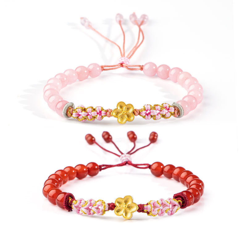 Nimara Ritual 999 Sterling Silver Natural Red Agate Pink Crystal Cherry blossom Bracelet