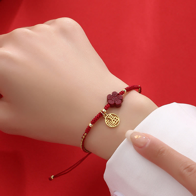 Nimara Ritual Cinnabar Flower Fu Character Blessing Braided String Bracelet