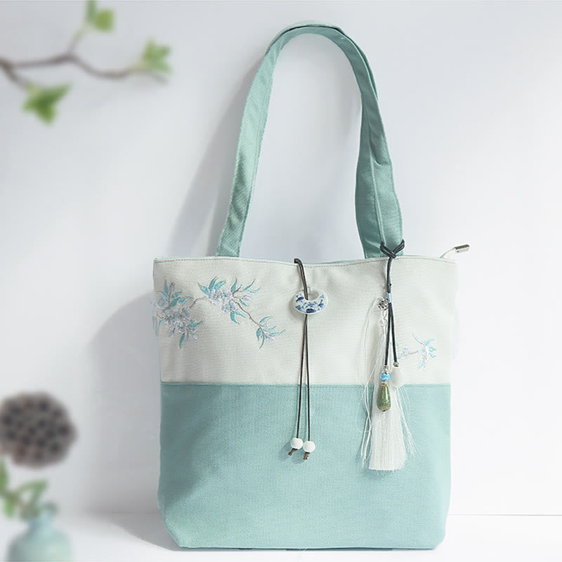 Nimara Ritual Pear Flower Plum Peach Blossom Bamboo Embroidery Canvas Large Capacity Shoulder Bag Tote Bag