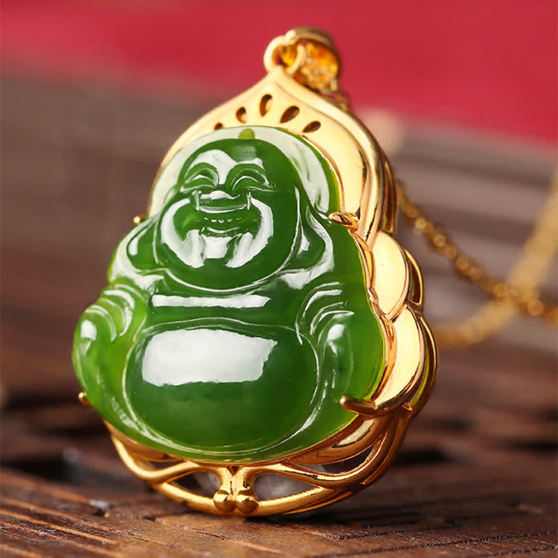 Nimara Ritual 925 Sterling Silver Natural Hetian Cyan Jade Laughing Buddha 18K Gold Healing Necklace Chain Pendant