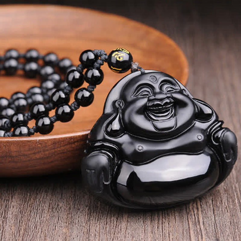 Nimara Ritual Laughing Buddha Black Obsidian Transformation Pendant Necklace
