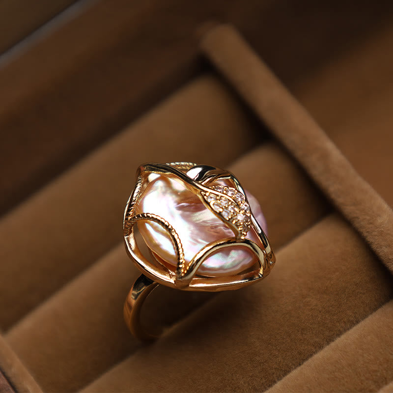 Nimara Ritual Pearl Copper Plated Gold Flower Happiness Wealth Ring