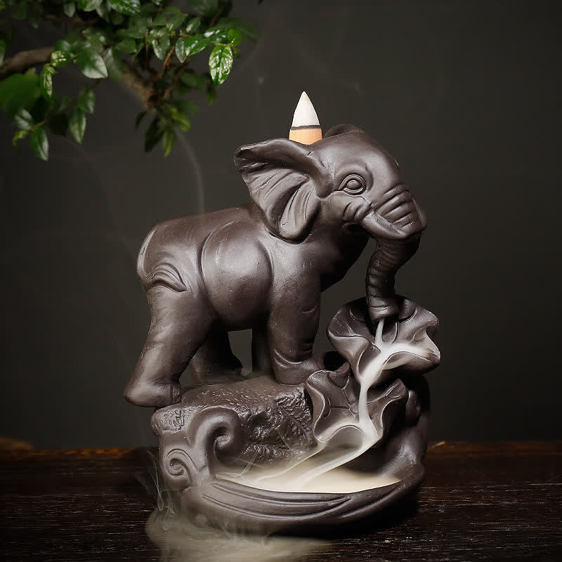Nimara Ritual Tibetan Elephant Purple Clay Backflow Smoke Fountain Peace Healing Incense Burner Decoration