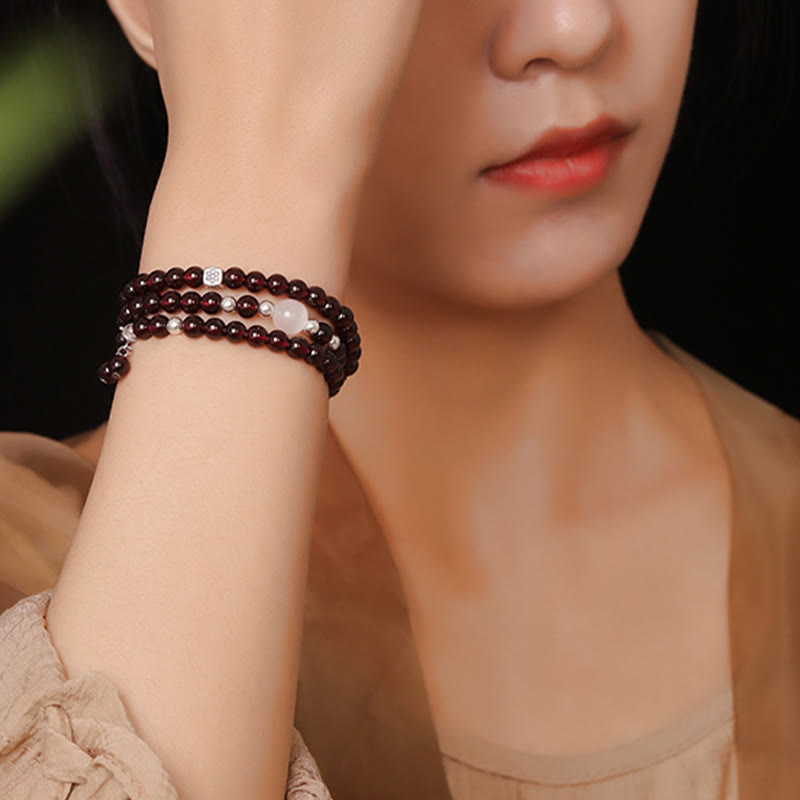 Nimara Ritual 925 Sterling Silver Natural Garnet Cat Eye Protection Triple Wrap Bracelet