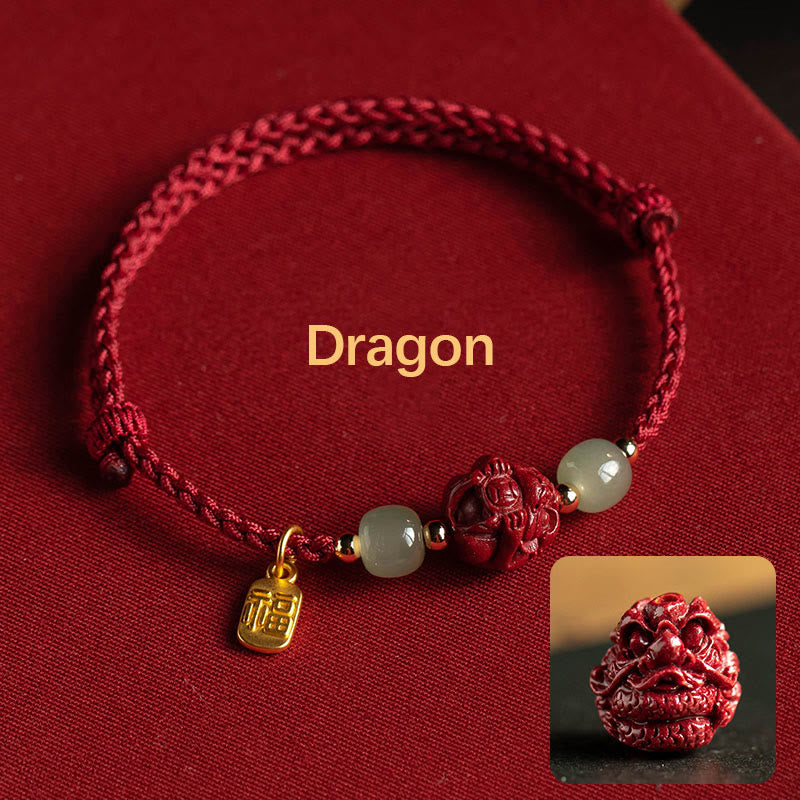 Nimara Ritual Natural Cinnabar Chinese Zodiac Hetian Jade Fu Character Luck Rope Bracelet