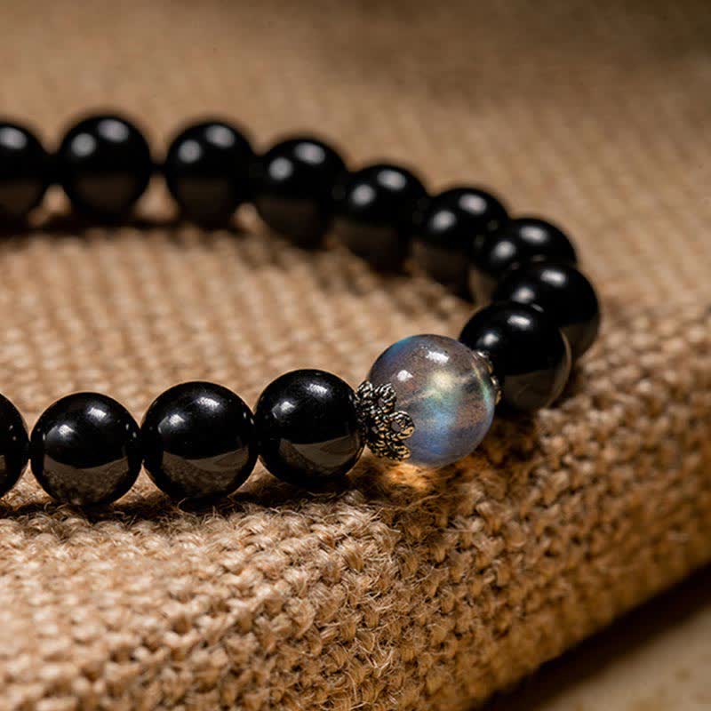 Nimara Ritual Chinese Zodiac Natal Buddha 925 Sterling Silver Black Obsidian Moonstone Strength Bracelet