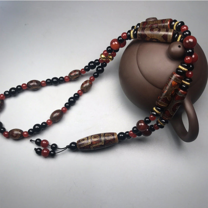 Nimara Ritual Nine-Eye Dzi Bead Red Agate Wealth Health Necklace