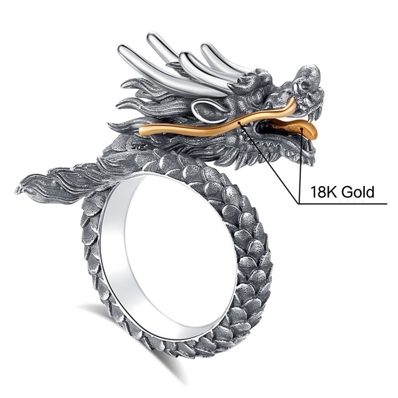 Nimara Ritual 925 Sterling Silver Vintage Dragon Design Protection Strength Adjustable Ring