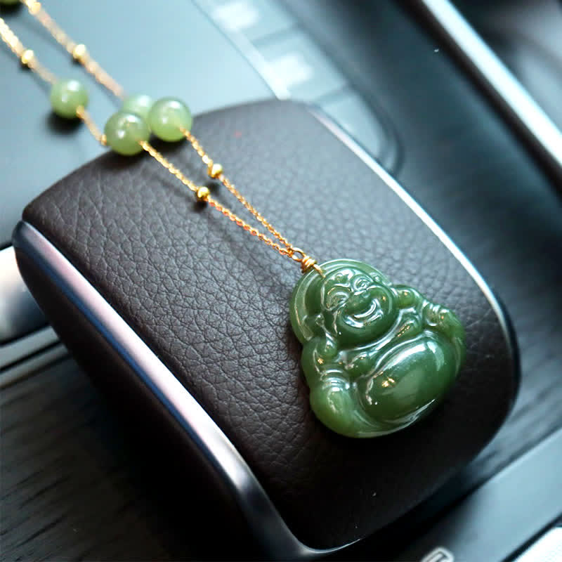 Nimara Ritual Laughing Buddha Hetian Jade Luck Necklace Bead Chain Pendant