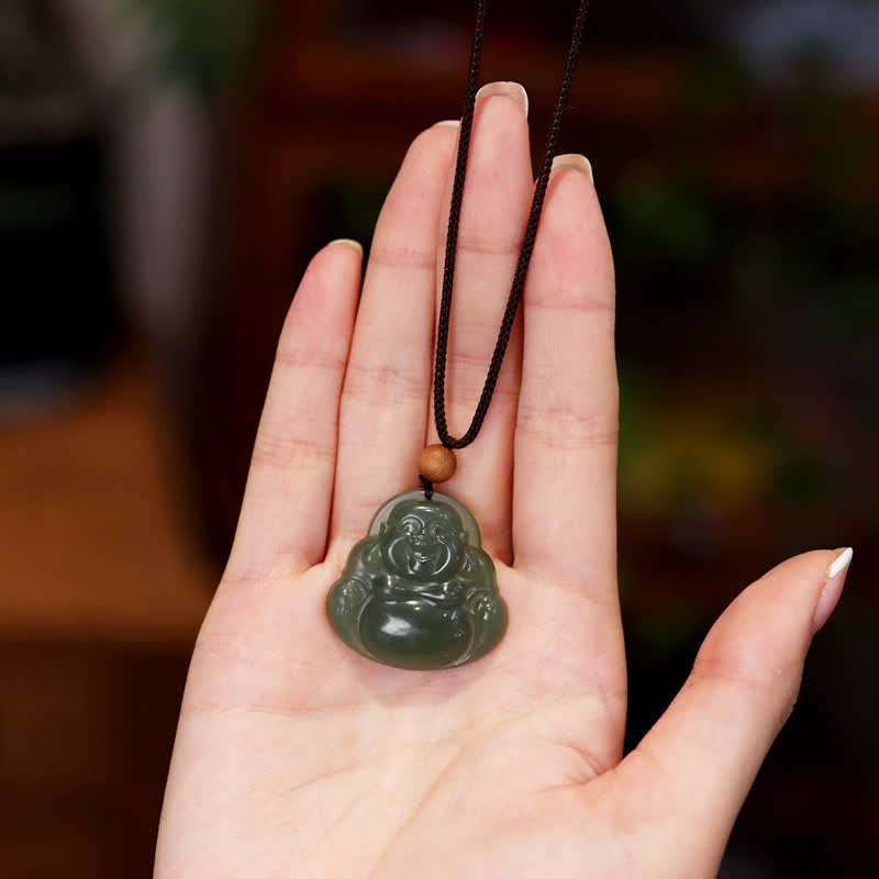Nimara Ritual Laughing Buddha Hetian Jade Healing Calm Necklace String Pendant