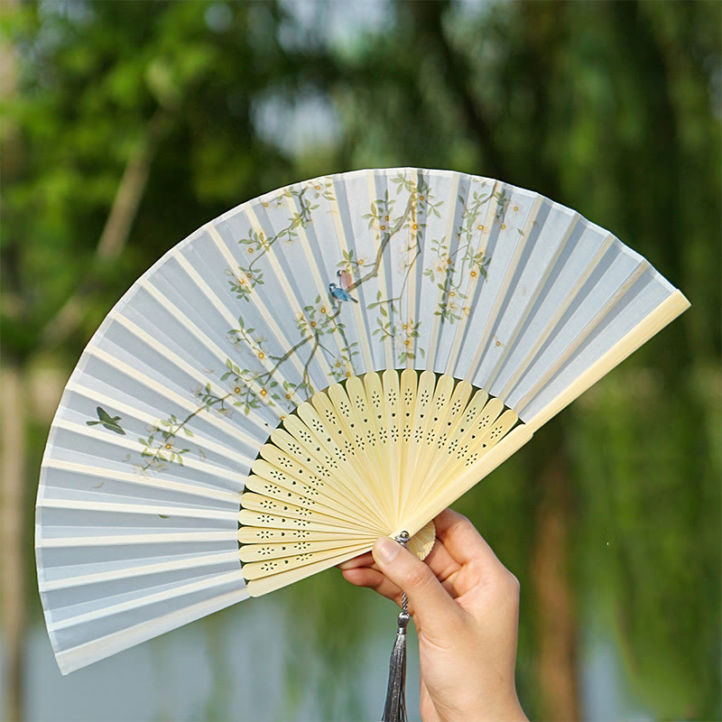 Nimara Ritual Classic Birds Singing Flowers Handheld Bamboo Folding Fan