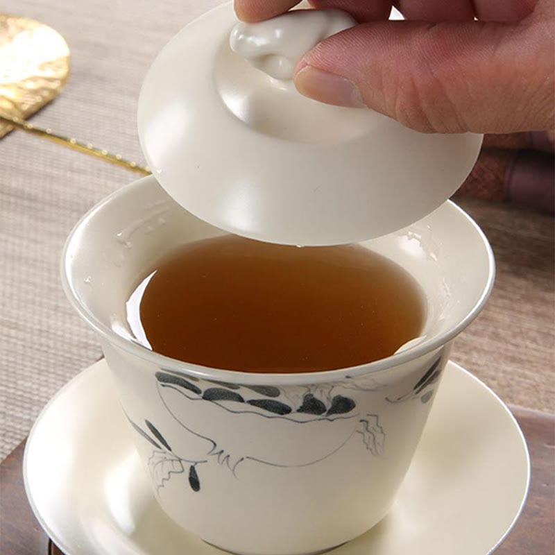 Nimara Ritual Hand Painted Pomegranate Hibiscus Pine Lotus Ceramic Gaiwan Sancai Teacup Kung Fu Tea Cup And Saucer With Lid