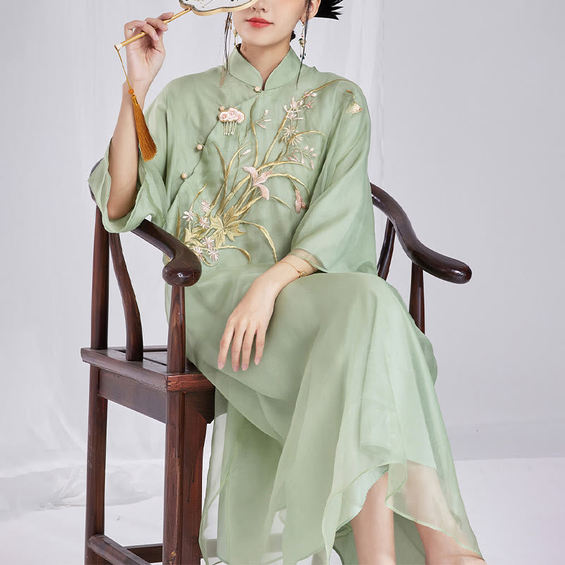 Nimara Ritual 100% Mulberry Silk 6 Momme Dress Vintage Flower Butterfly Embroidery Qipao Dress Women's Cheongsam Dress