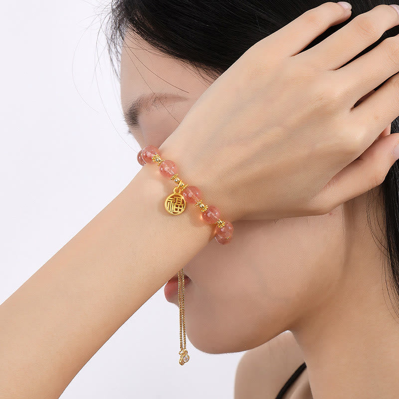 Nimara Ritual 14K Gold Plated Natural Strawberry Quartz Fu Character Positive Charm Bracelet