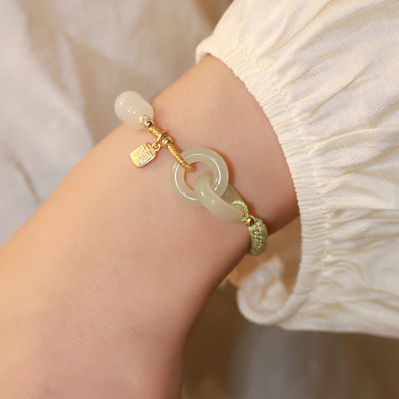 Nimara Ritual Natural Hetian Jade Bead Double Peace Buckle Fu Character Abundance Braided Bracelet