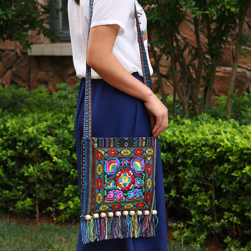 Nimara Ritual Tibetan Handmade Embroidered Camellia Canvas Shoulder Bag Crossbody Bag