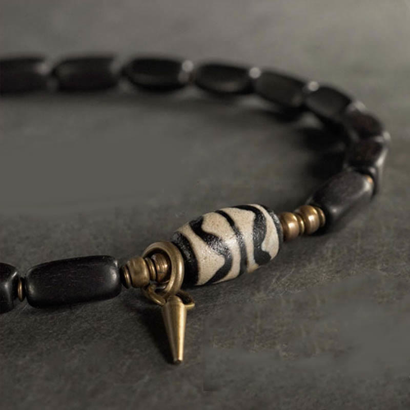 Nimara Ritual Tibet Ebony Wood Dzi Bead Copper Balance Double Wrap Bracelet