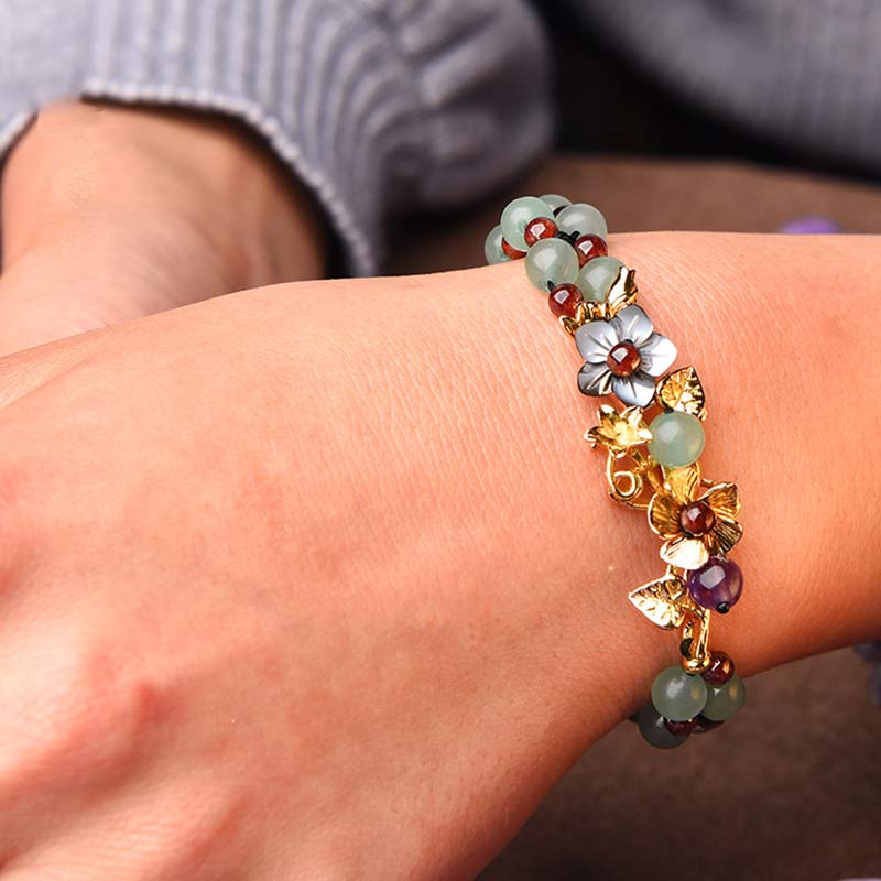 Nimara Ritual Green Aventurine Garnet Bead Flower Petal Luck Bracelet