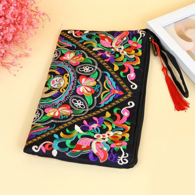 Nimara Ritual Dragon Butterfly Cosmos Flower Embroidery Wallet Shopping Purse