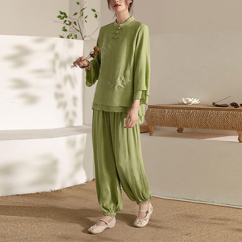 Nimara Ritual 2Pcs Long Sleeve Frog-Button Meditation Prayer Zen Practice Tai Chi Uniform Clothing Women's Set
