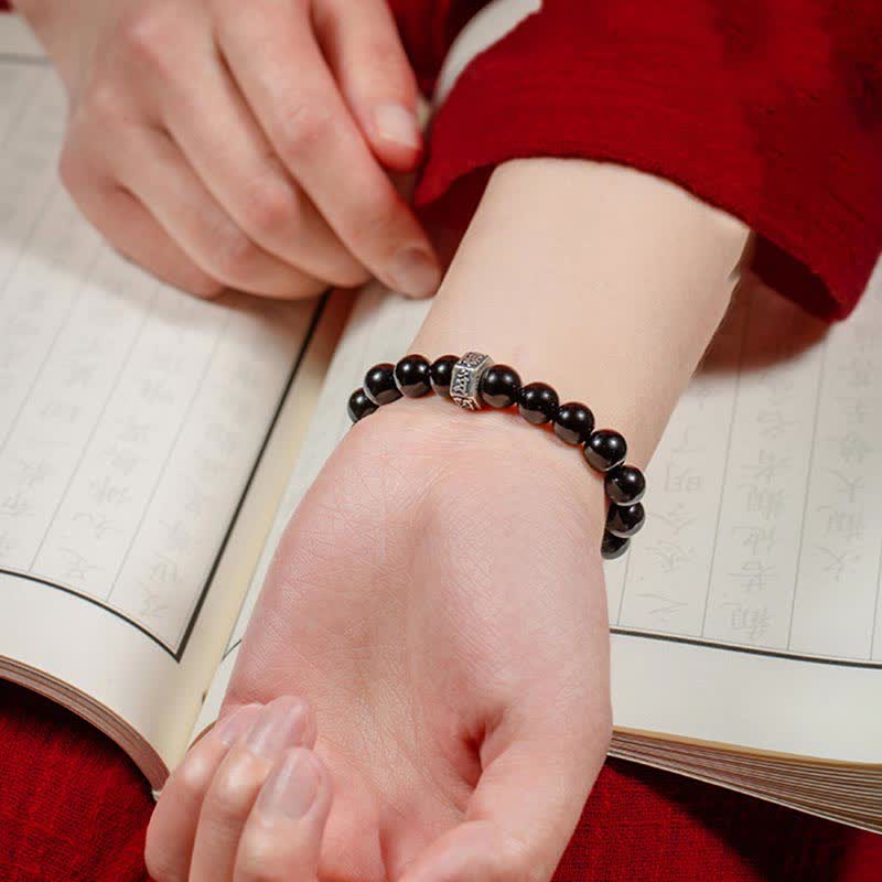 Nimara Ritual Chinese Zodiac Natal Buddha 925 Sterling Silver Black Obsidian Moonstone Strength Bracelet