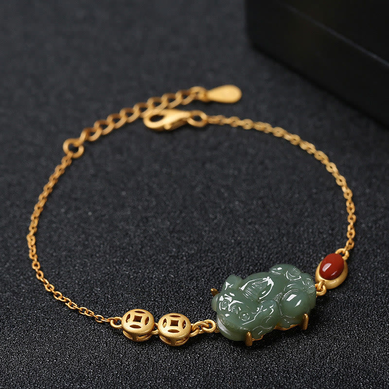 Nimara Ritual Cyan Jade PiXiu Copper Coin Red Agate Success Chain Bracelet