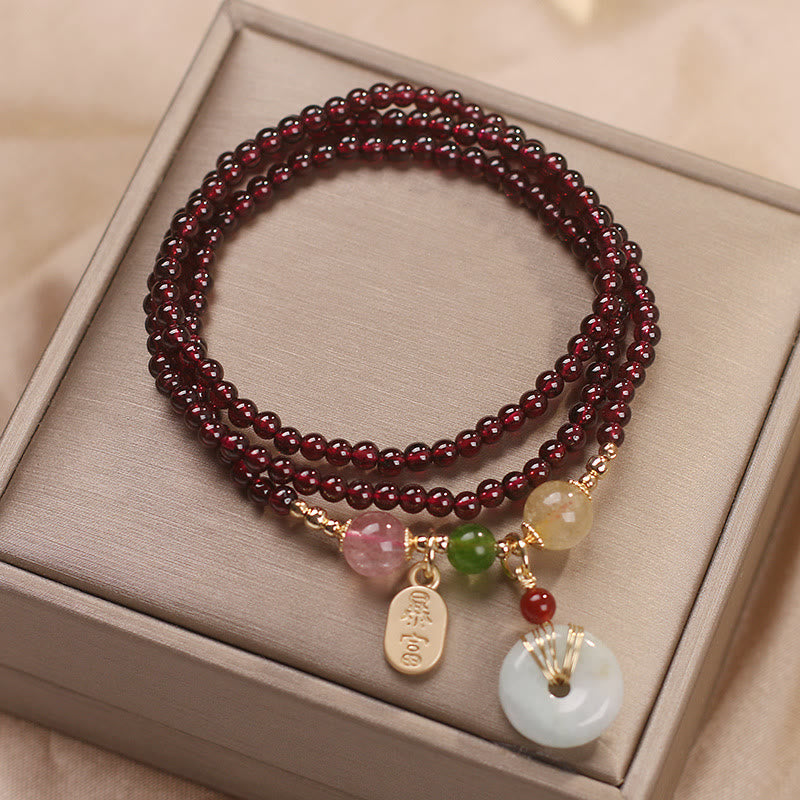 Nimara Ritual Natural Garnet Strawberry Quartz Crystal Fox Koi Fish Peace Buckle Fortune Protection Triple Wrap Bracelet