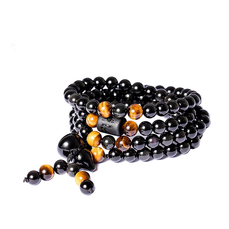 Nimara Ritual Natural Black Obsidian Rainbow Obsidian Gourd Blessing Bracelet Mala