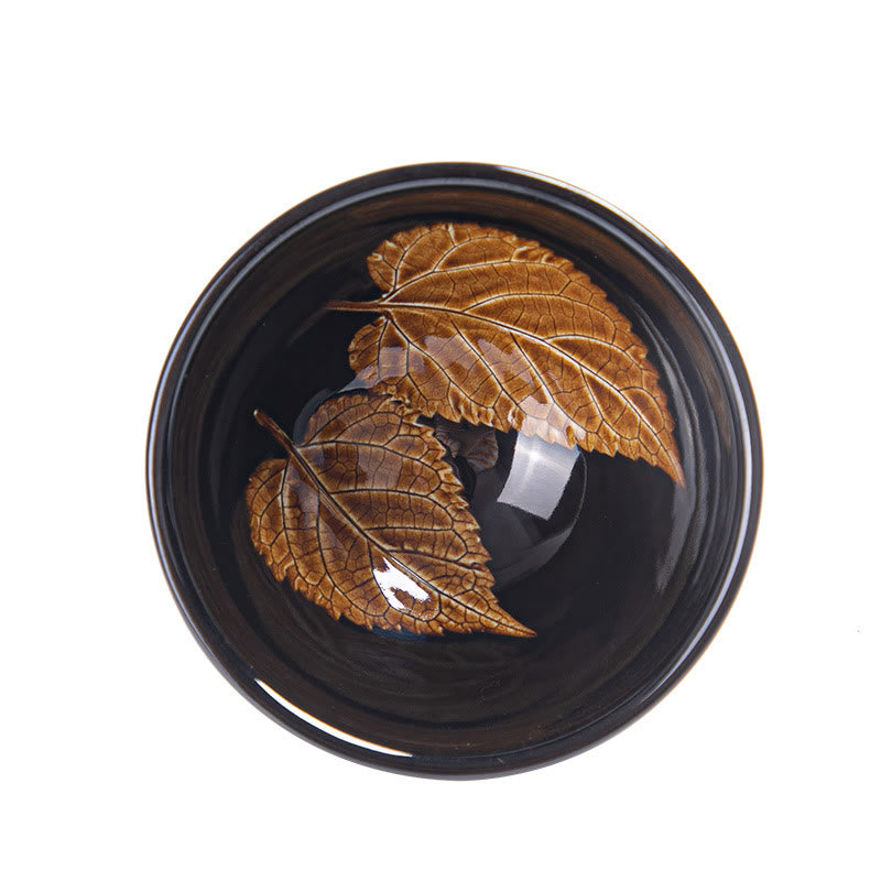 Nimara Ritual Gold Maple Leaf Chinese Jianzhan Ceramic Teacup Tenmoku Kung Fu Tea Cup Bowl