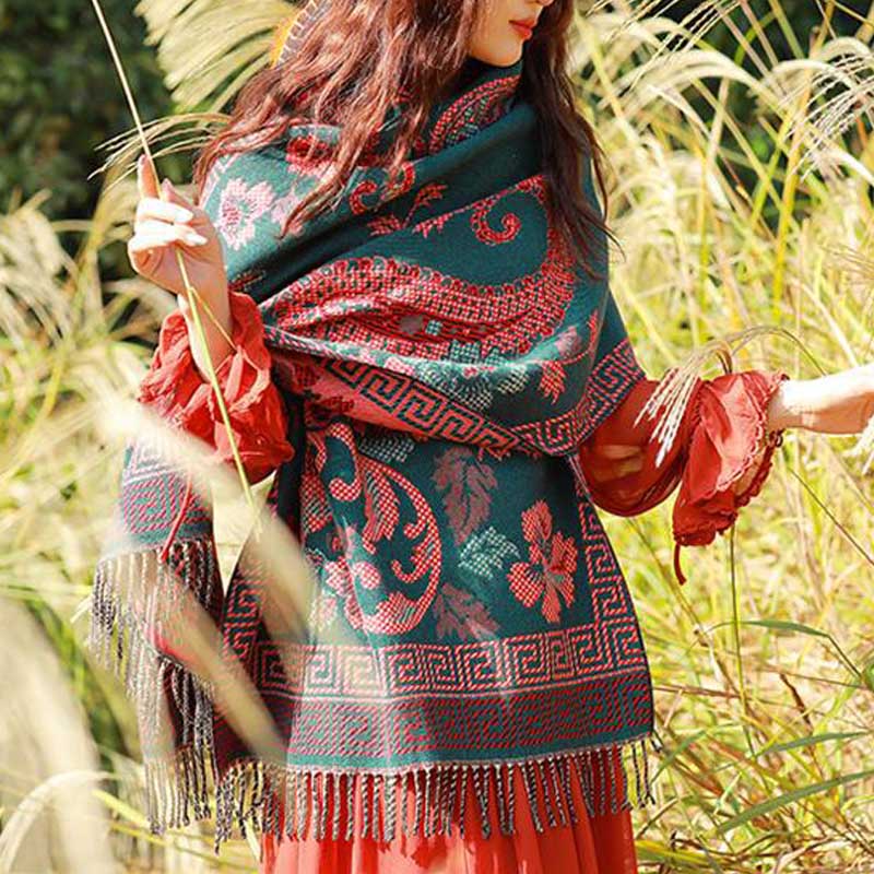 Nimara Ritual Tibetan Flowers Leaves Pattern Design Shawl Cozy Travel Scarf Wrap