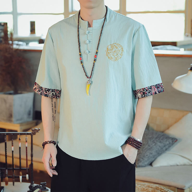 Nimara Ritual Frog-Button Dragon Embroidery Chinese Tang Suit Short Sleeve Shirt Men Clothing