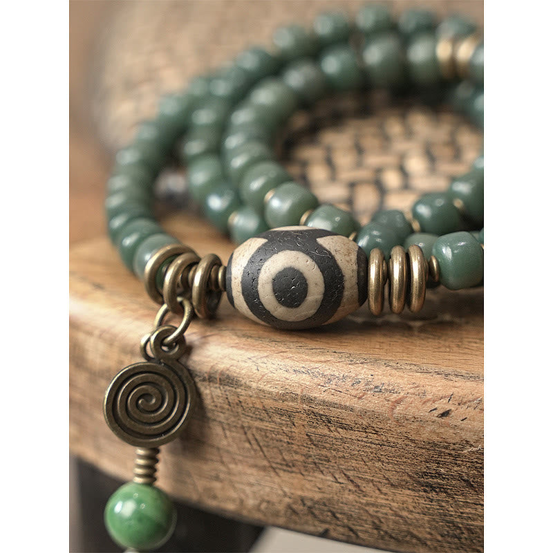 Nimara Ritual Cyan Bodhi Seed Dzi Bead Wisdom Peace Triple Wrap Bracelet