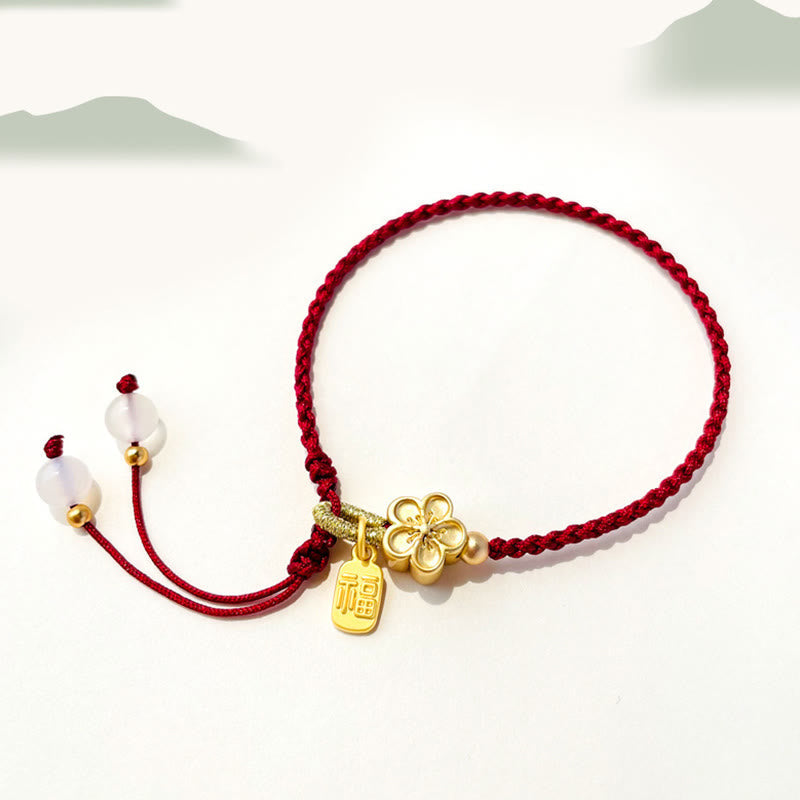 Nimara Ritual Handmade Peach Blossom Rosette Bow Knot Fu Character Charm Luck Fortune Red Rope Bracelet