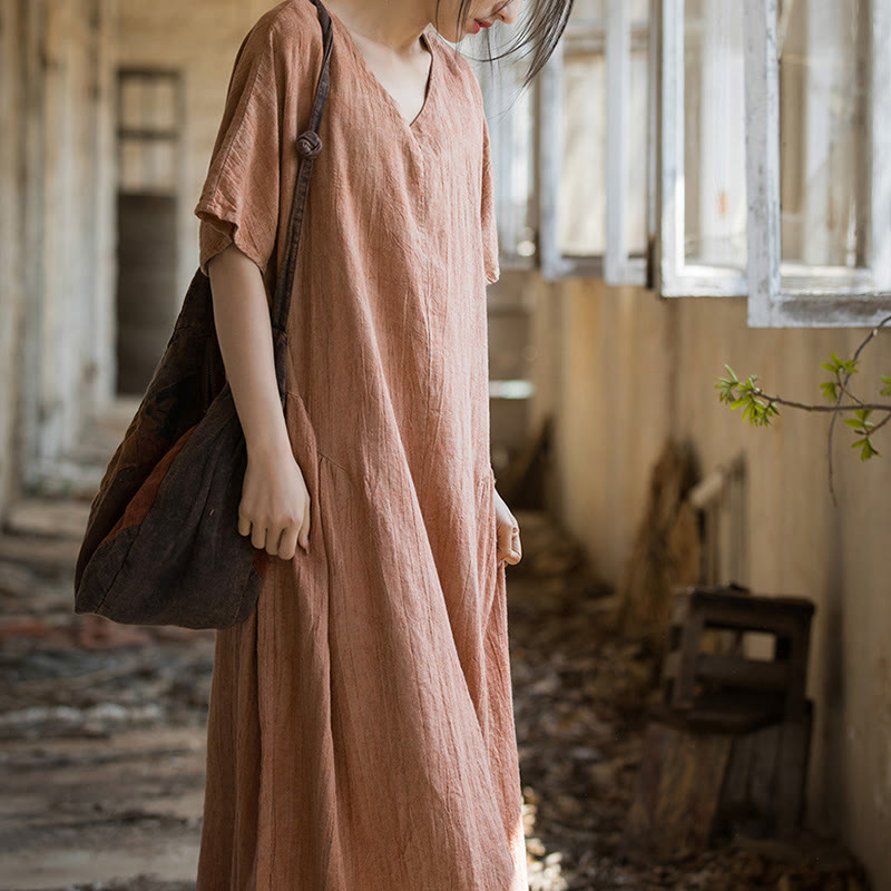 Nimara Ritual Handmade Tie Dye V-Neck Midi Dress Linen Short Sleeve Dress