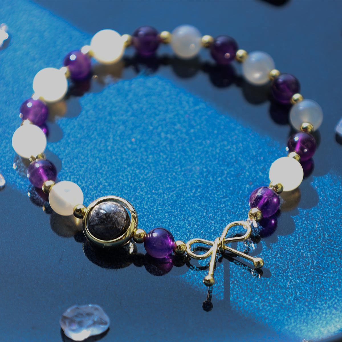 Nimara Ritual Amethyst Cat Eye Black Rutilated Quartz Spiritual Bead Bracelet