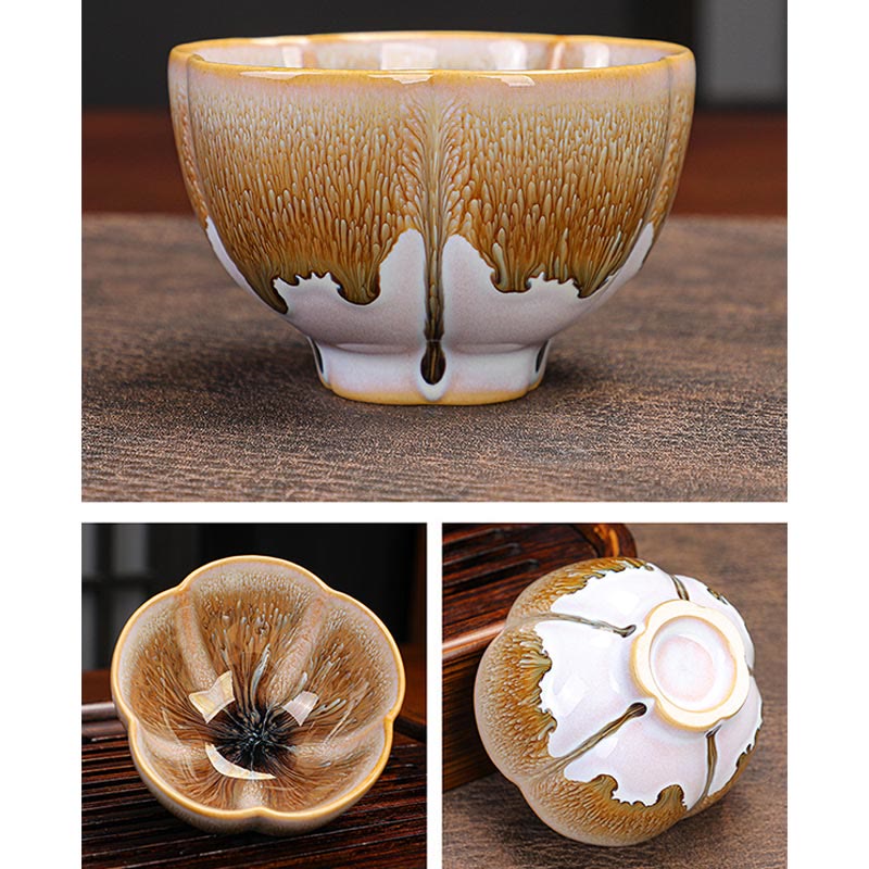 Nimara Ritual 6Pcs Plum Blossom Petal Pattern Chinese Jianzhan Kiln Change Ceramic Teacup Kung Fu Tea Cup Bowl With Gift Box