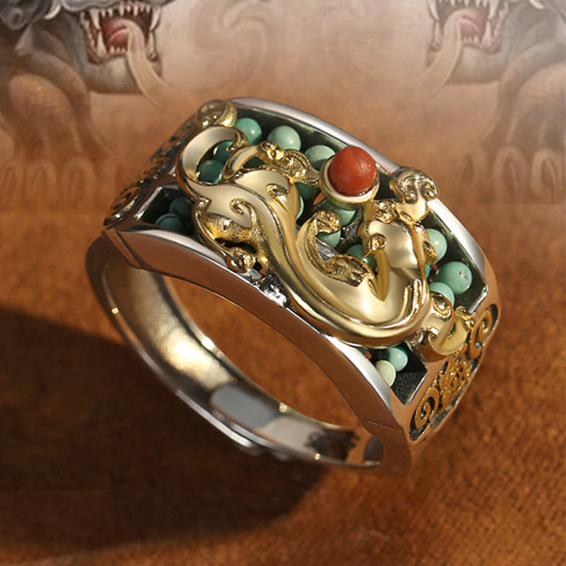 Nimara Ritual 925 Sterling Silver Turquoise Red Agate PiXiu Abacus Protection Ring