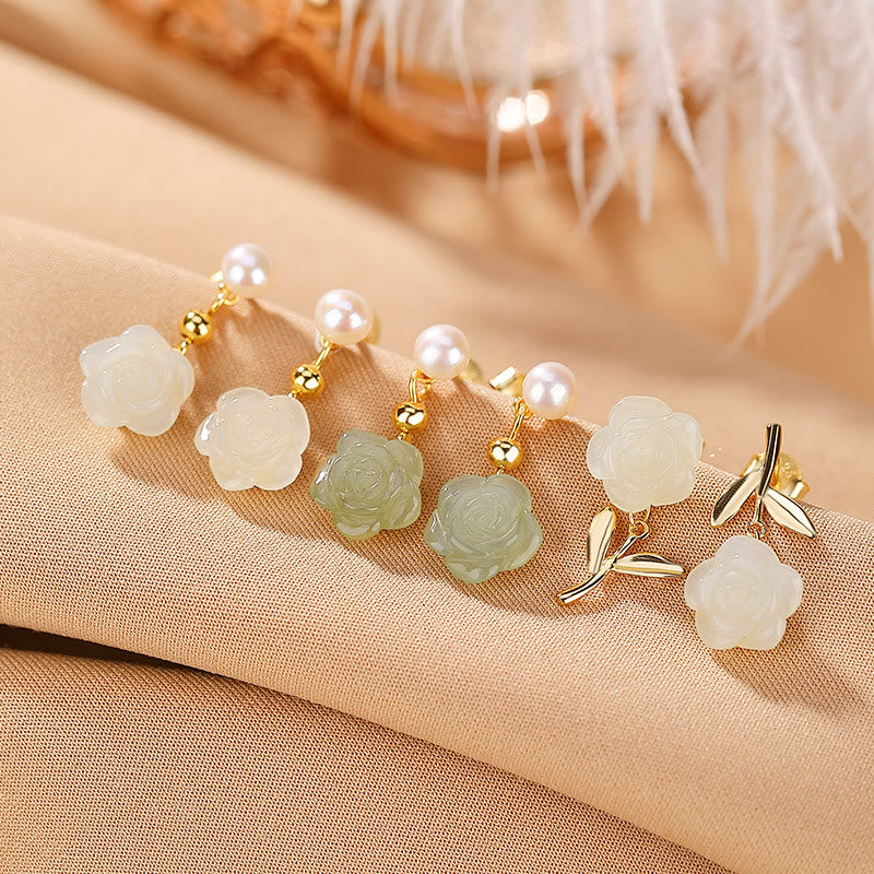 Nimara Ritual 925 Sterling Silver Plated Gold Jade Rose Flower Cyan Jade Pearl Luck Earrings