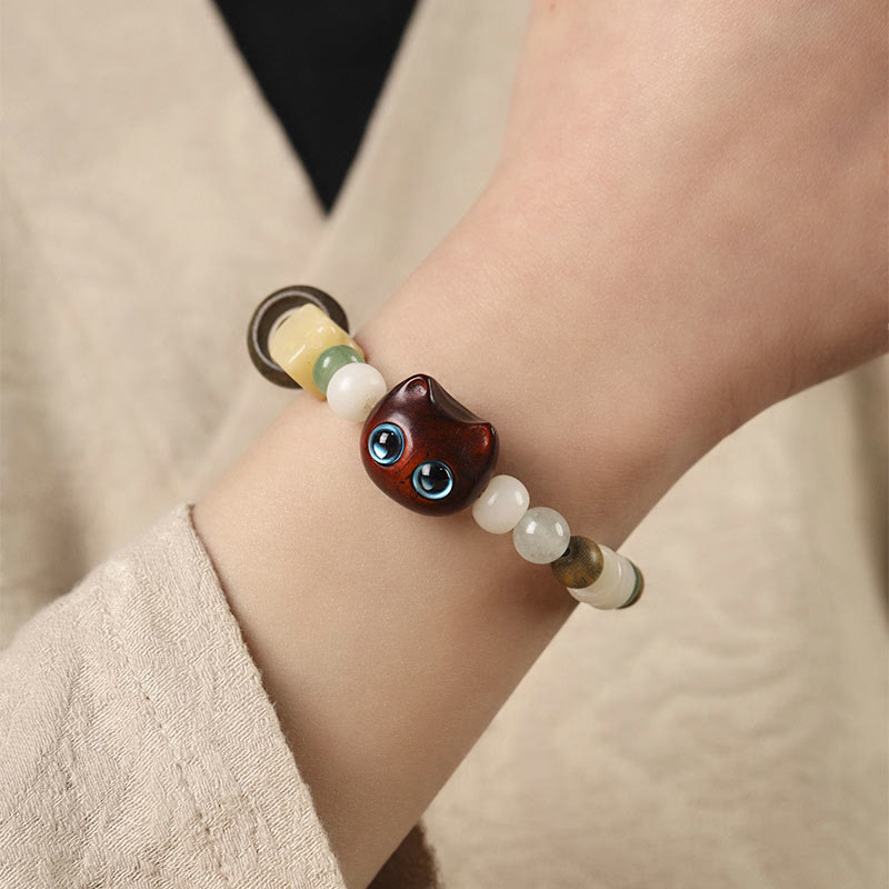 Nimara Ritual Bodhi Seed Green Sandalwood Ebony Wood Small Leaf Red Sandalwood Cat Head Paw Claw Peace Bracelet