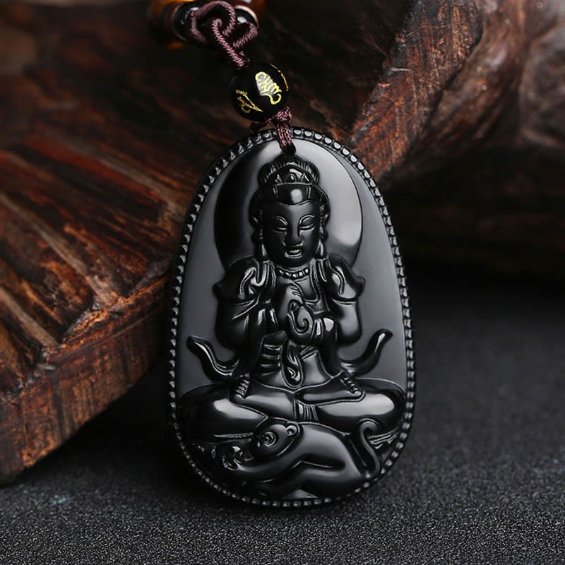 Nimara Ritual Chinese Zodiac Natal Buddha Natural Black Obsidian Purification Necklace Pendant