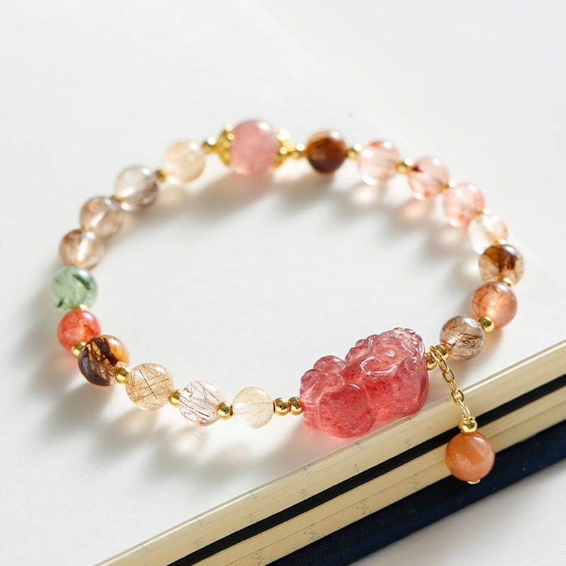 Nimara Ritual Natural Rutilated Quartz Strawberry Quartz PiXiu Wealth Bracelet
