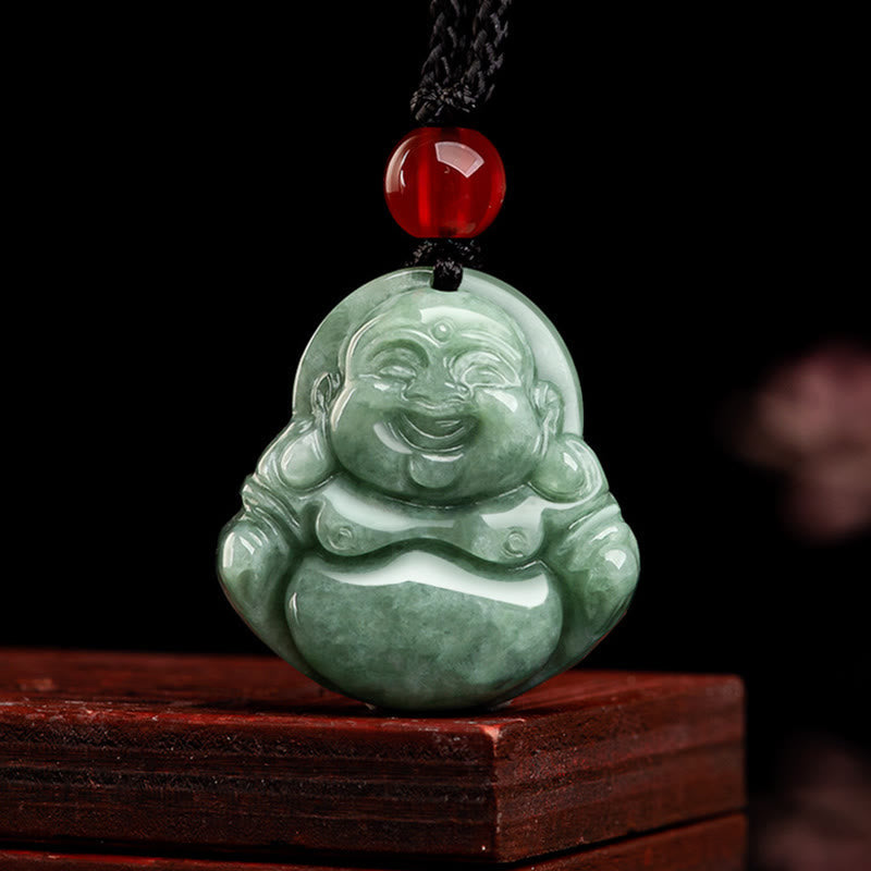 Nimara Ritual Natural Green Jade Laughing Buddha Luck Abundance Necklace Pendant