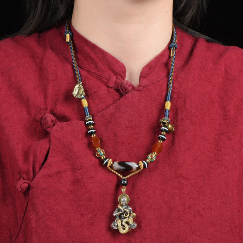 Nimara Ritual Handmade Buddha Snake Skull Head Dzi Bead Serenity Rope Necklace Pendant