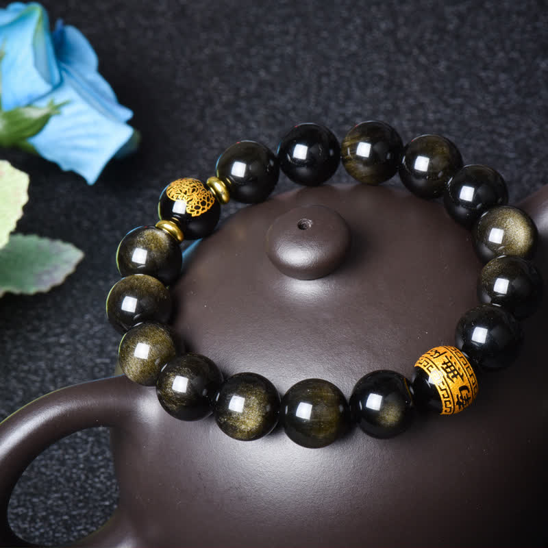 Nimara Ritual Chinese Zodiac Natal Buddha Gold Sheen Obsidian Wealth Protection Bracelet