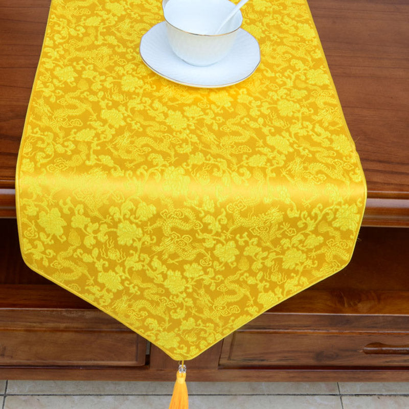 Nimara Ritual Prayer Altar Flower Vajra Dragon Pattern Tibetan Auspicious Symbols Tassels Jacquard Table Runner
