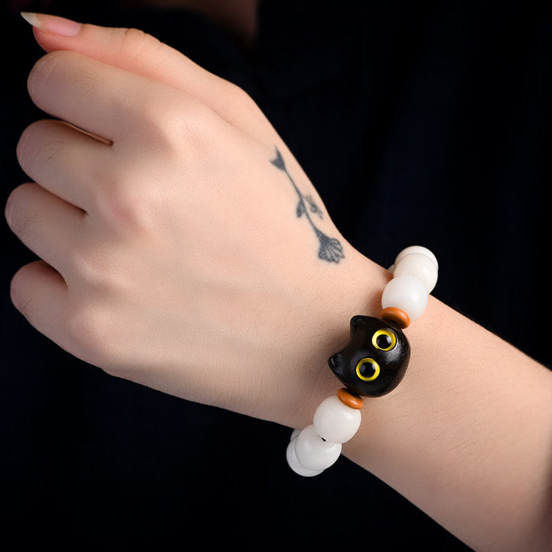 Nimara Ritual Natural Bodhi Seed Small Leaf Red Sandalwood Ebony Wood Cute Lucky Cat Wisdom Bracelet